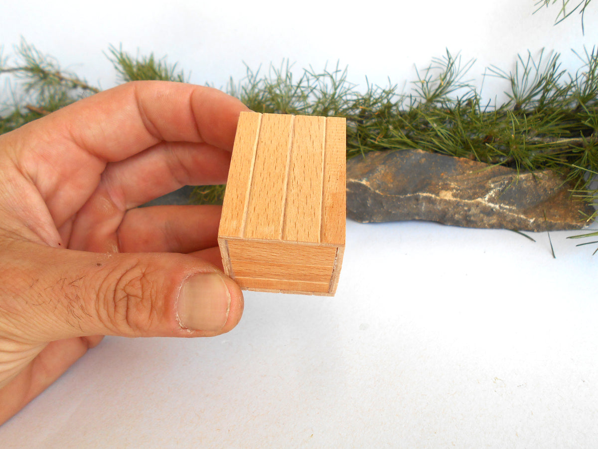 A hand holding a small rectangular wooden box with a light natural wood finish, set against a white background with pine branches and a stone prop.