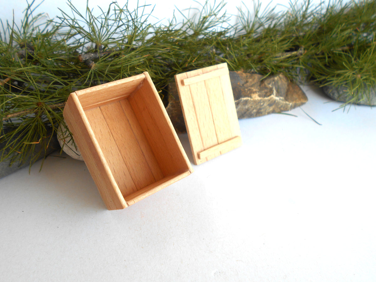 Two miniature light wood boxes, one standing upright and one tilted open, displayed on a white surface with pine branches and small rocks in the background.