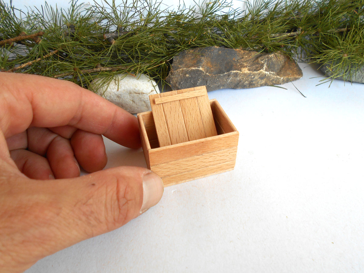 A miniature light wood box with a small wooden latch or door, held by a hand to show scale, with pine branches and a rock in the background on a white surface.