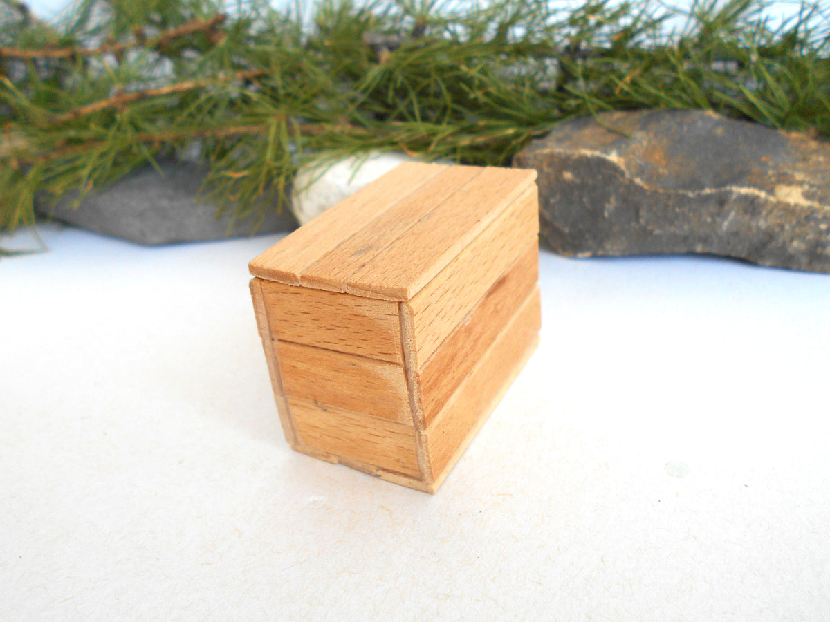 A miniature light brown wooden box with a visible wood grain, photographed on a white surface with pine branches and rocks in the background.