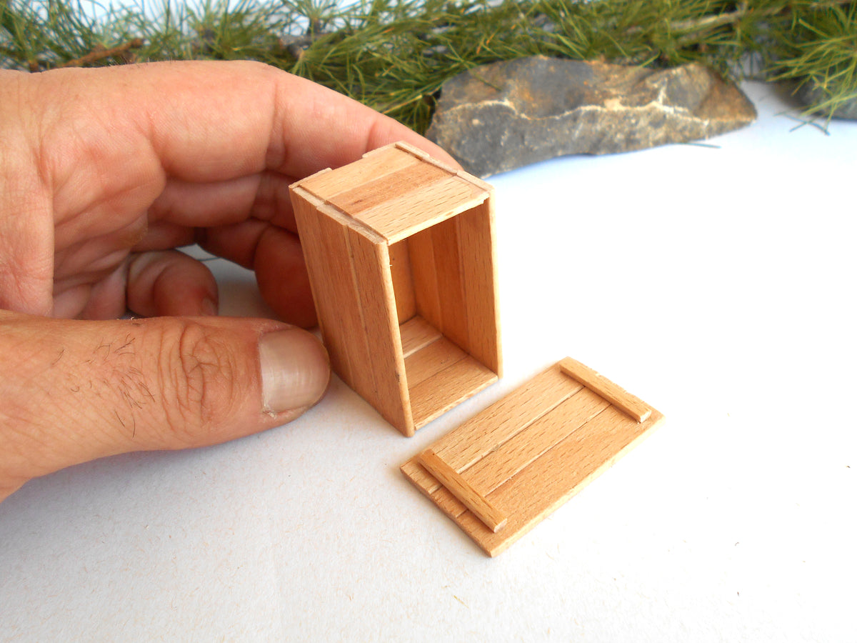 A miniature wooden box with its lid removed, held by a hand to show scale, on a white surface with pine branches and a rock in the background.