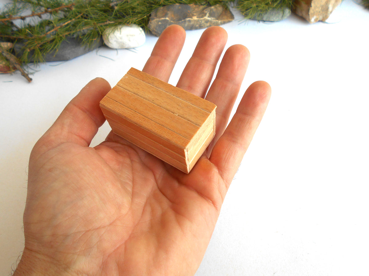 A small rectangular wooden box with a smooth finish is held in a person's hand against a white background with blurred natural elements in the upper corner.