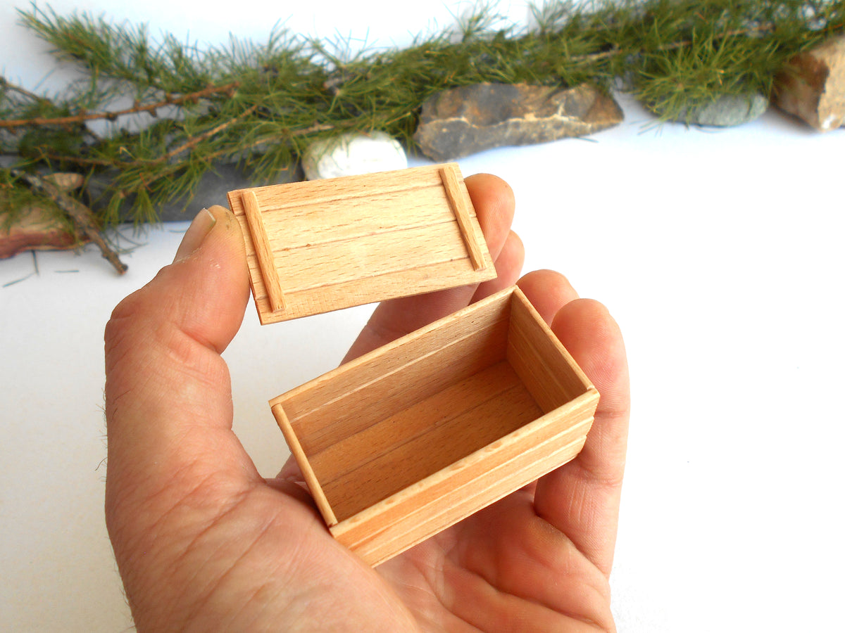 A hand holding a small, unfinished wooden box with its lid off, showing the natural wood grain. The background is a white surface with some blurred green pine branches and small rocks.
