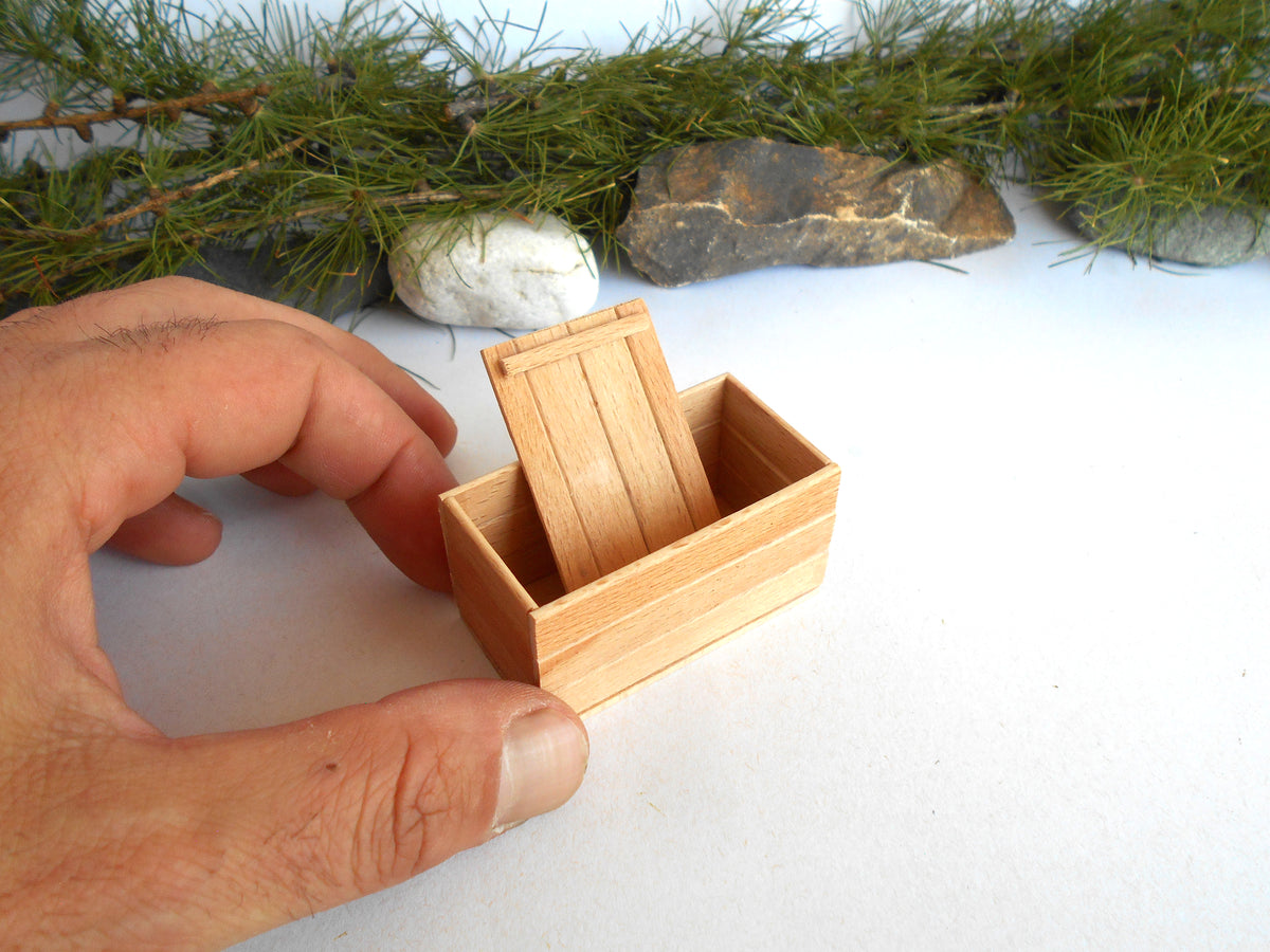 A miniature wooden box with a hinged lid, held by a human hand to show its small scale, set against a white background with decorative pine branches and stones.