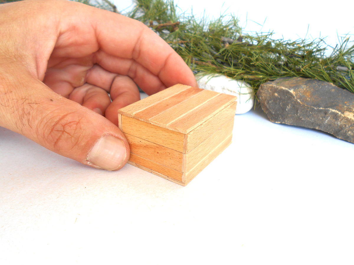 Miniature Wooden Box with Lid – 1:12 Scale Dollhouse Accessory, Handcrafted Hand-Cut Beech Wood,  2.0" × 1.5" × 1.0"