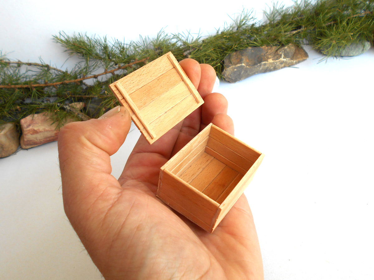 Miniature Wooden Box with Lid – 1:12 Scale Dollhouse Accessory, Handcrafted Hand-Cut Beech Wood,  2.0" × 1.5" × 1.0"