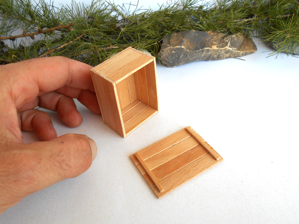 Miniature Wooden Box with Lid – 1:12 Scale Dollhouse Accessory, Handcrafted Hand-Cut Beech Wood,  2.0" × 1.5" × 1.0"
