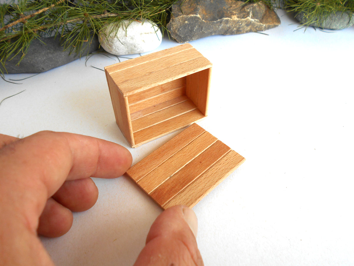 Miniature Wooden Box with Lid – 1:12 Scale Dollhouse Accessory, Handcrafted Hand-Cut Beech Wood,  2.0" × 1.5" × 1.0"