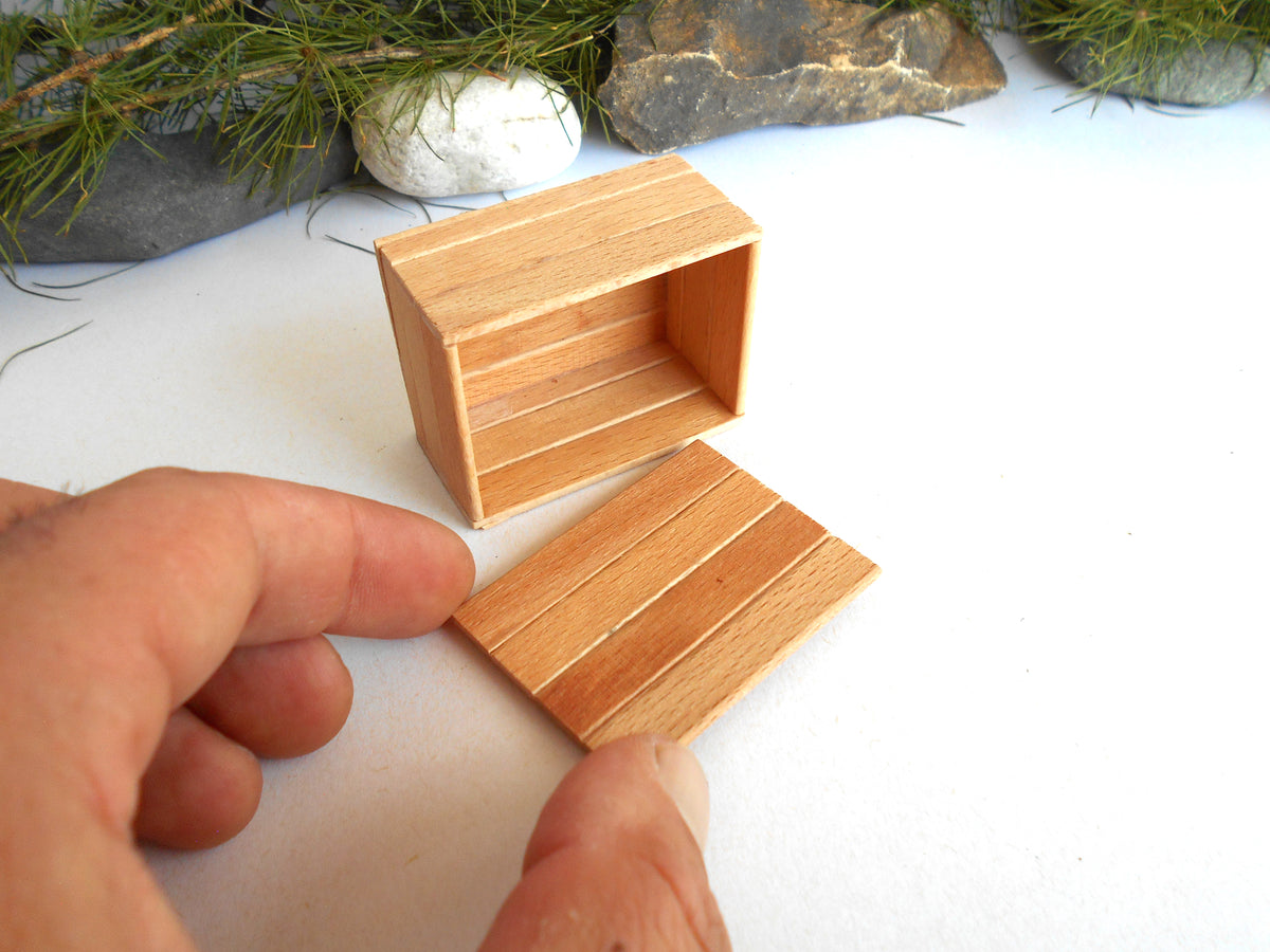 Miniature Wooden Box with Lid – 1:12 Scale Dollhouse Accessory, Handcrafted Hand-Cut Beech Wood,  2.0" × 1.5" × 1.0"