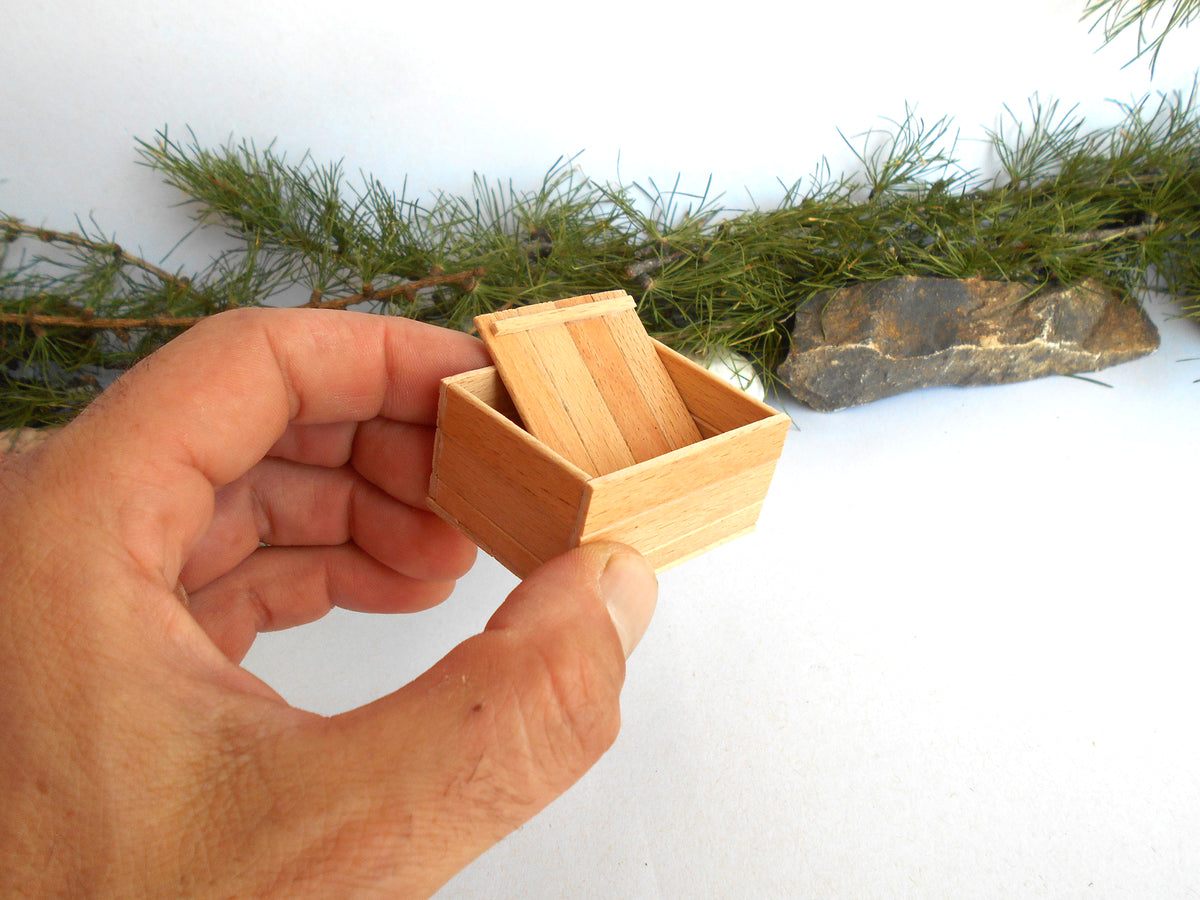 Miniature Wooden Box with Lid – 1:12 Scale Dollhouse Accessory, Handcrafted Hand-Cut Beech Wood,  2.0" × 1.5" × 1.0"