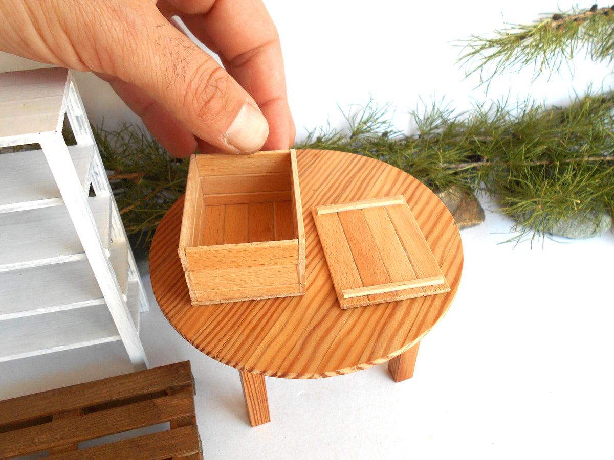Miniature Wooden Box with Lid – 1:12 Scale Dollhouse Accessory, Handcrafted Hand-Cut Beech Wood,  2.0" × 1.5" × 1.0"