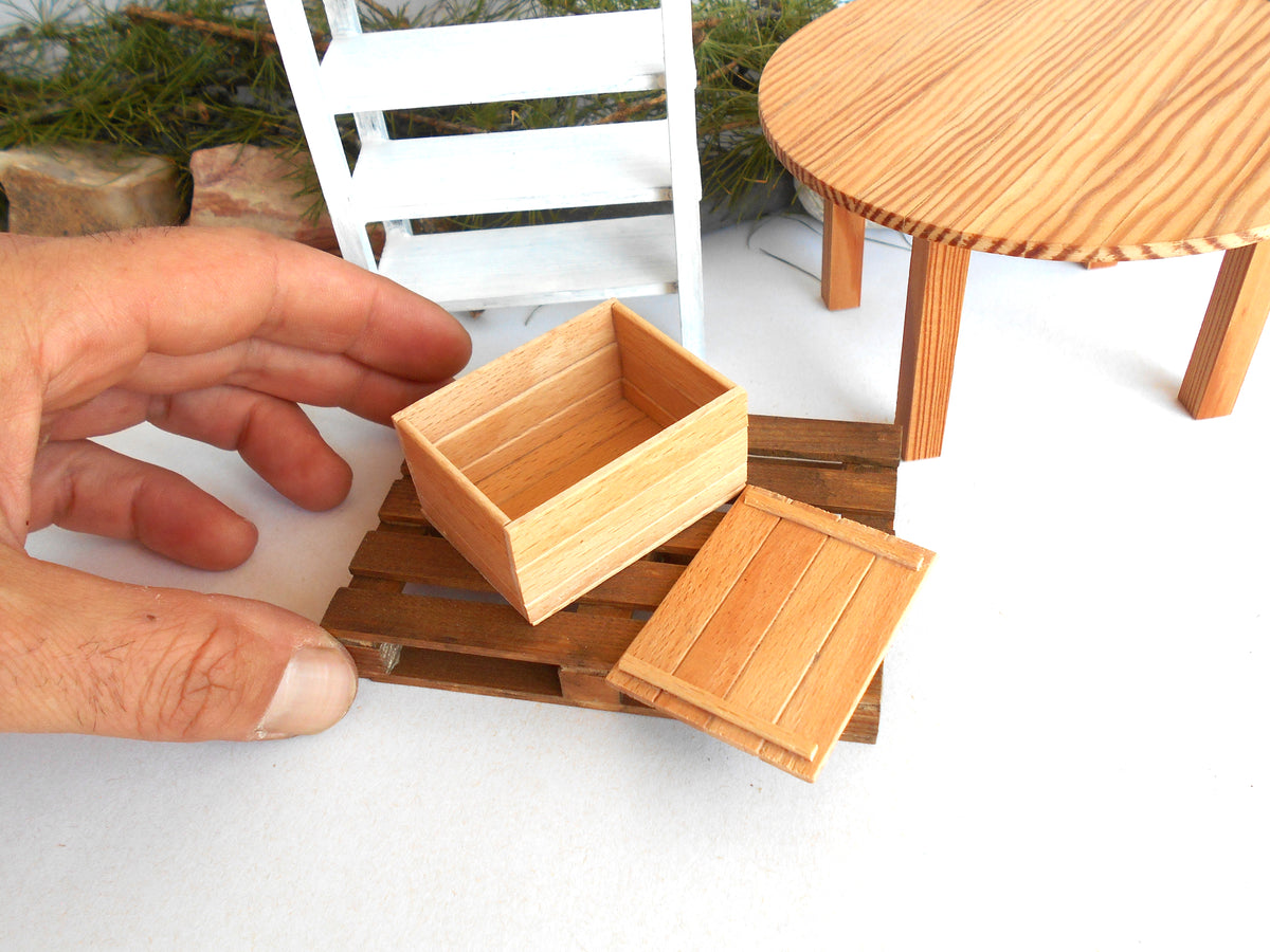 Miniature Wooden Box with Lid – 1:12 Scale Dollhouse Accessory, Handcrafted Hand-Cut Beech Wood,  2.0" × 1.5" × 1.0"