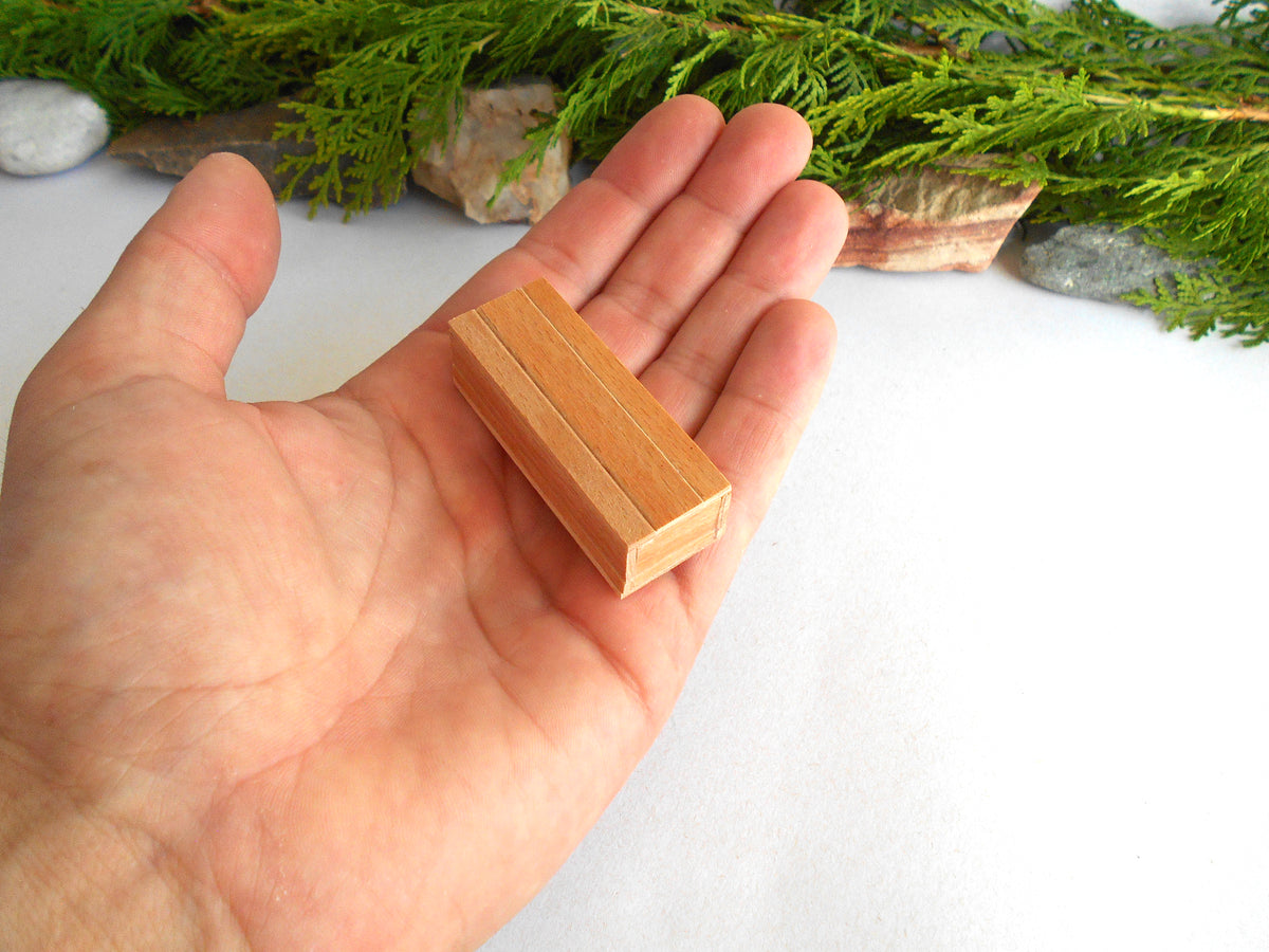 A small rectangular wooden box with a slatted open top, held in the palm of a hand against a white background with green foliage and stones at the top.