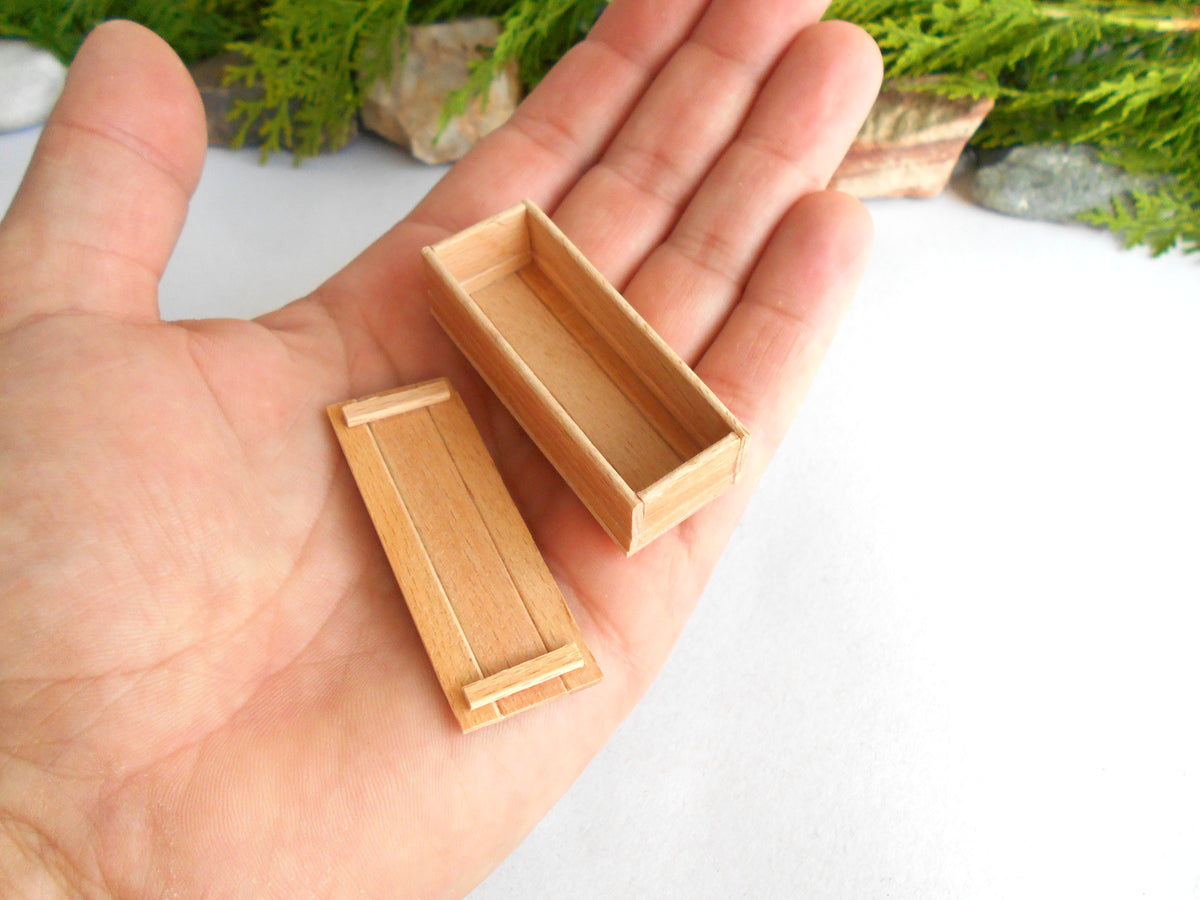 Two small rectangular wooden boxes with a light natural bamboo finish, shown resting on an open hand to demonstrate scale, with a soft-focus background of green foliage and rocks.