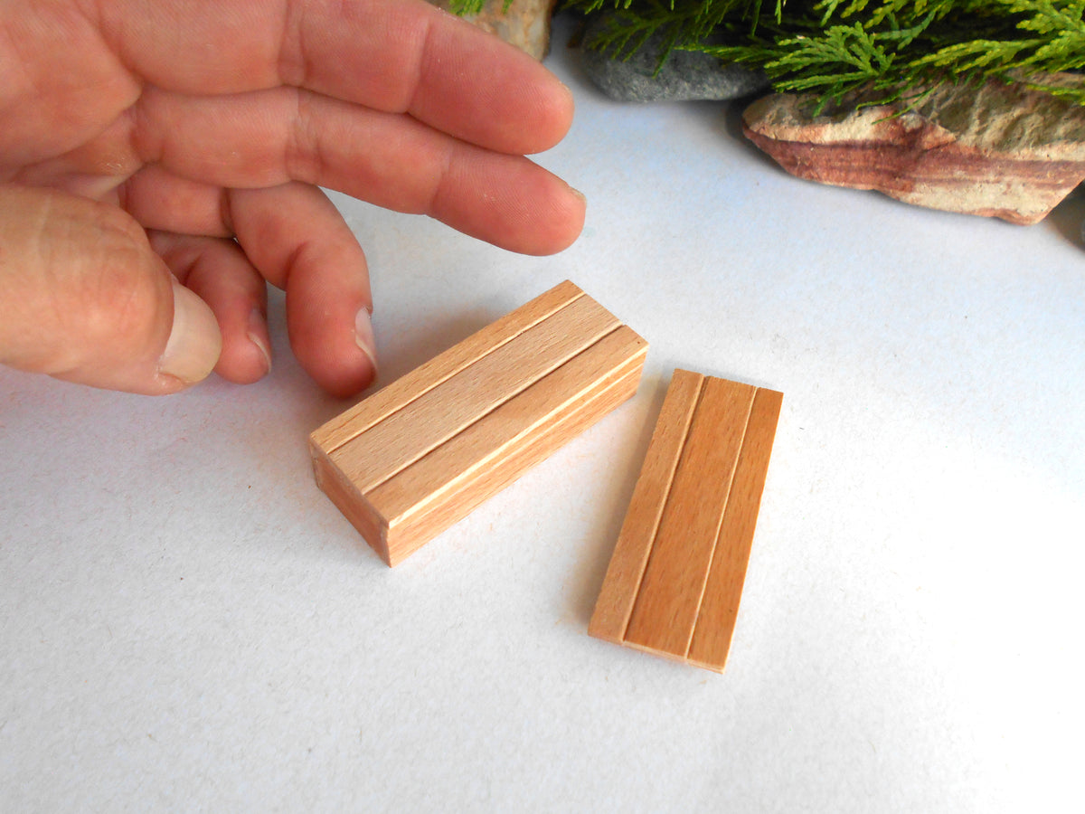 Two small rectangular wooden blocks with grooved slots, shown on a white surface with a person's hand pointing near them and blurred greenery in the background.