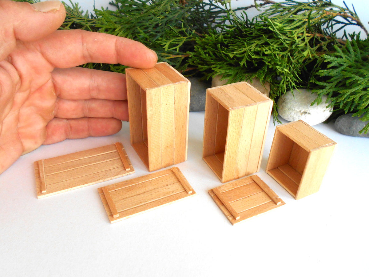 Six miniature wooden boxes and two matching lids, shown with a human hand for scale on a white surface with green foliage in the background.