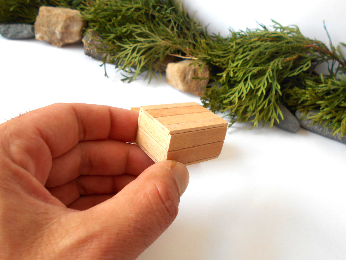 A hand holding a small, unfinished light wood box, with a blurred background of green foliage and small rocks on a white surface.