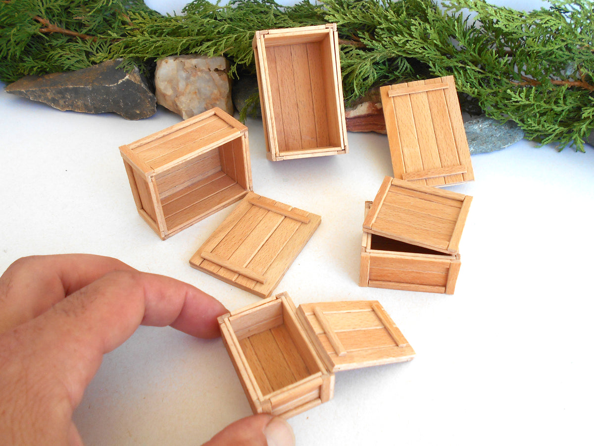 Six miniature unfinished wooden storage boxes in different positions, with a hand holding one open box in the foreground, set against a white surface with green pine branches and small rocks in the background.