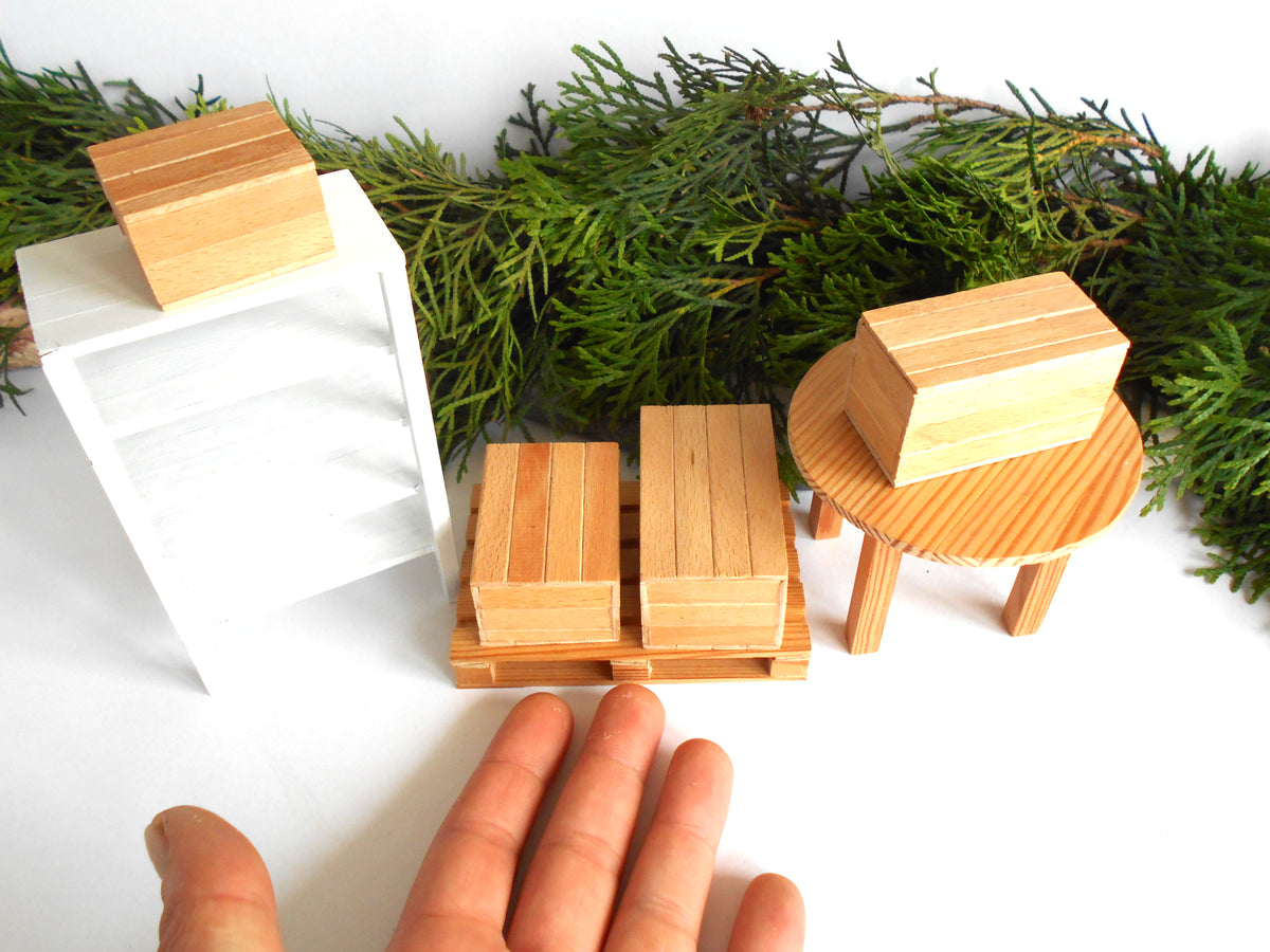 Miniature wooden handmade box set of 4- dollhouse 1/12th scale accessories- mini beech wood boxes with lids- Set Number 5