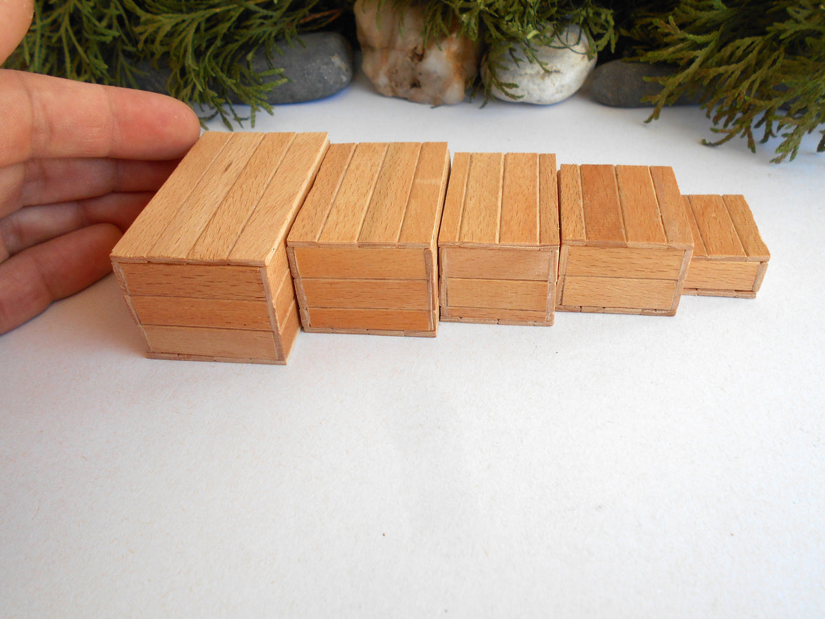 Five miniature light brown wooden boxes of varying sizes arranged in a row on a white surface, with a hand holding the leftmost box for scale and green foliage in the background.