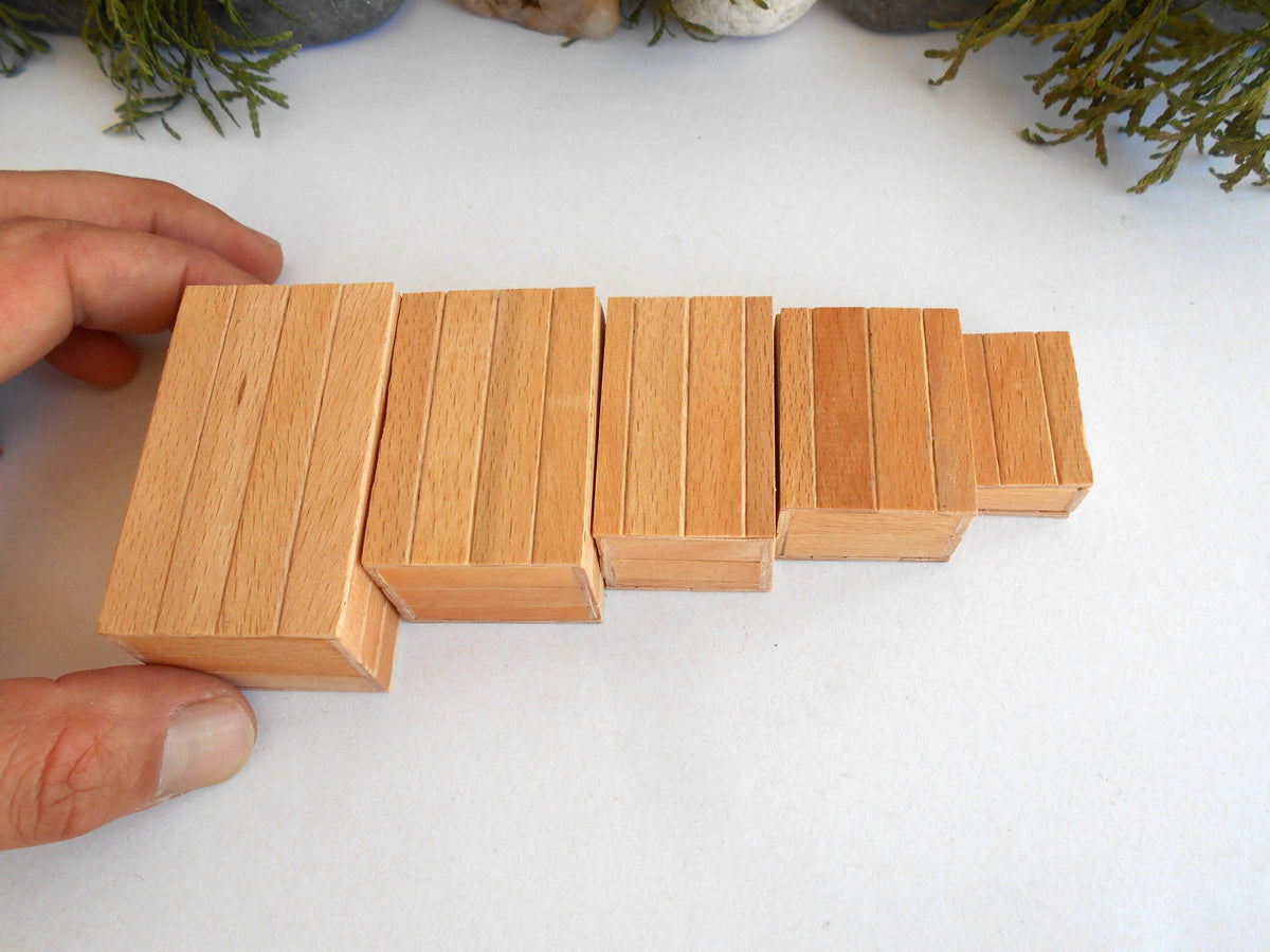 A set of five wooden miniature boxes stacking toys in ascending sizes, held by a person's hand on a white surface with decorative greenery in the background.