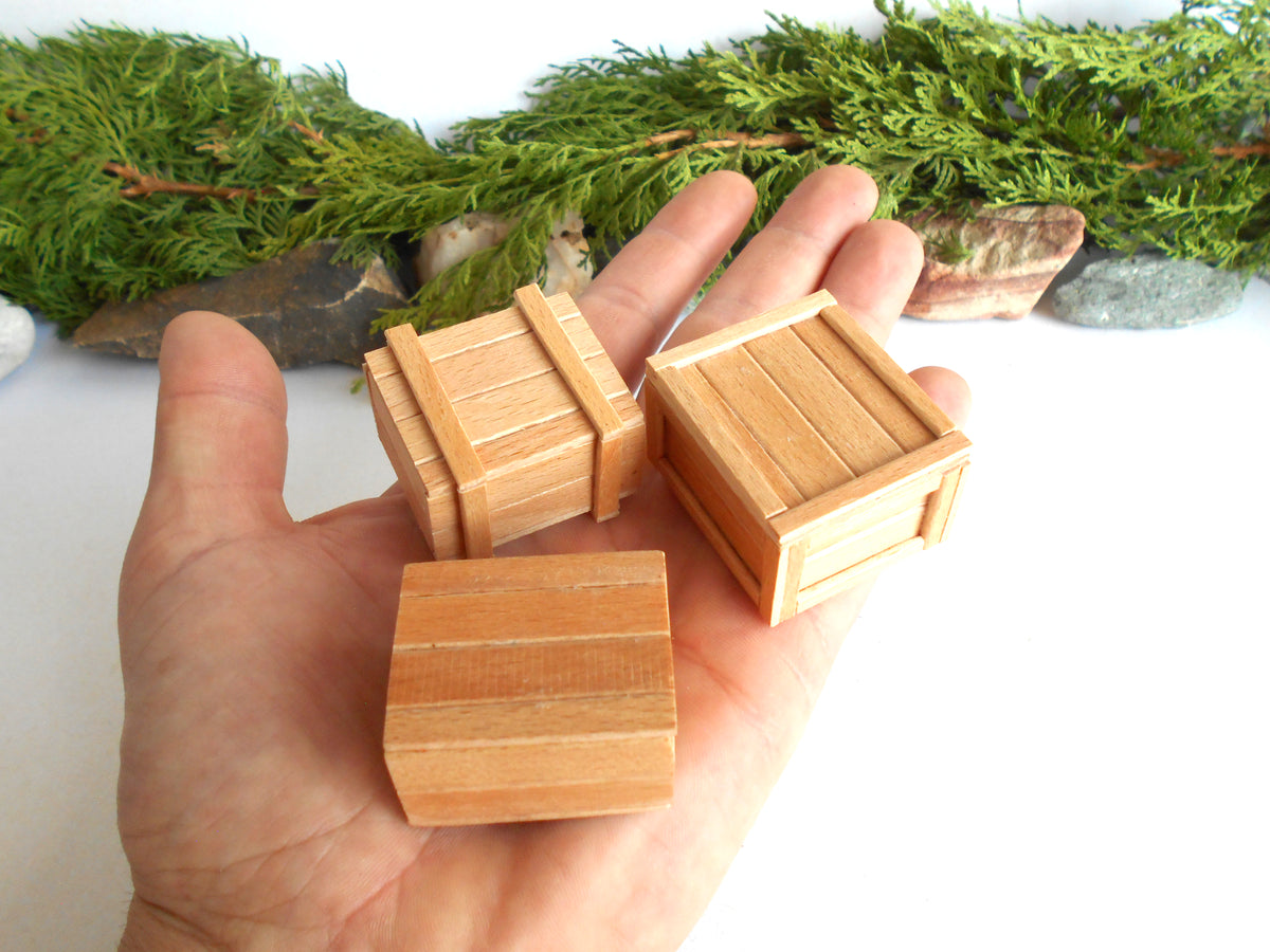 Three miniature wooden crates held in a person's hand, with green foliage and small rocks in the blurred background.