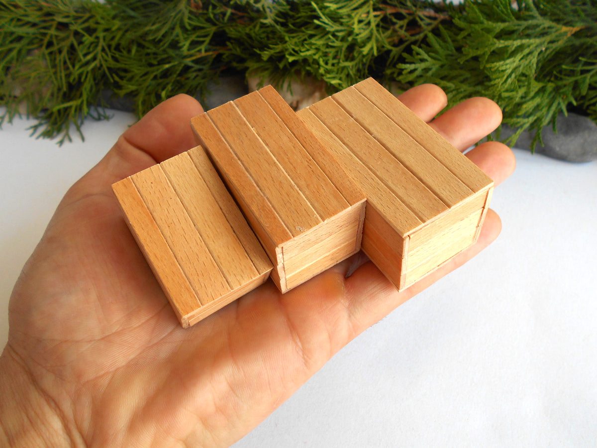 Three small rectangular wooden blocks with a striped wood-grain pattern, held in a person's hand against a white background with green foliage in the upper background.