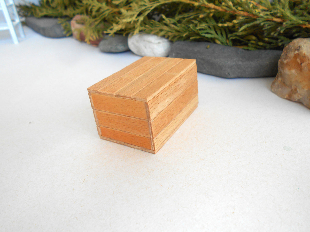 A small rectangular wooden box with a hinged lid, made from light-colored wood planks, shown on a white surface with decorative rocks and greenery in the blurred background.
