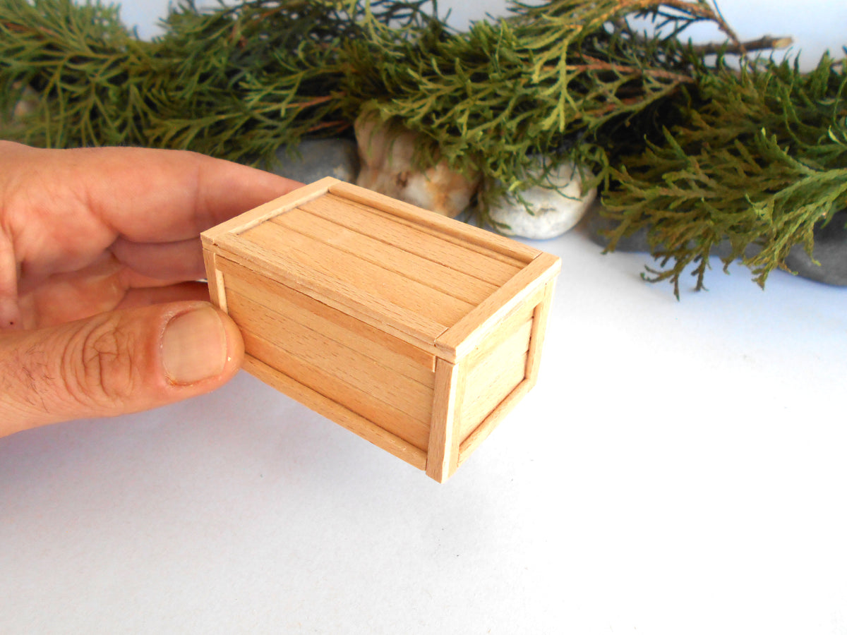 A miniature light wood crate or box being held by a hand, with green foliage in the background against a white surface.