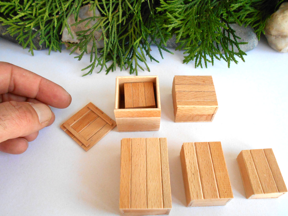 A hand is shown holding a small wooden lid next to several miniature light wood boxes and boxes on a white surface, with green foliage in the background.