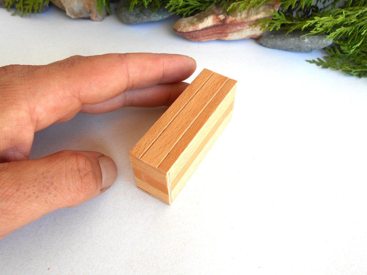 A hand holding a small rectangular wooden box with a light natural wood finish, set against a white background with blurred greenery and stones.