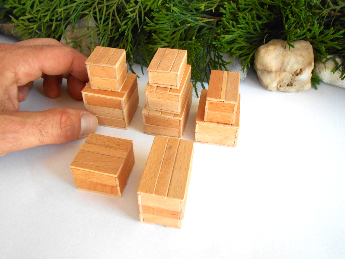 A hand is arranging small light wood boxes or miniature boxes on a white surface, with green foliage and a stone in the background.