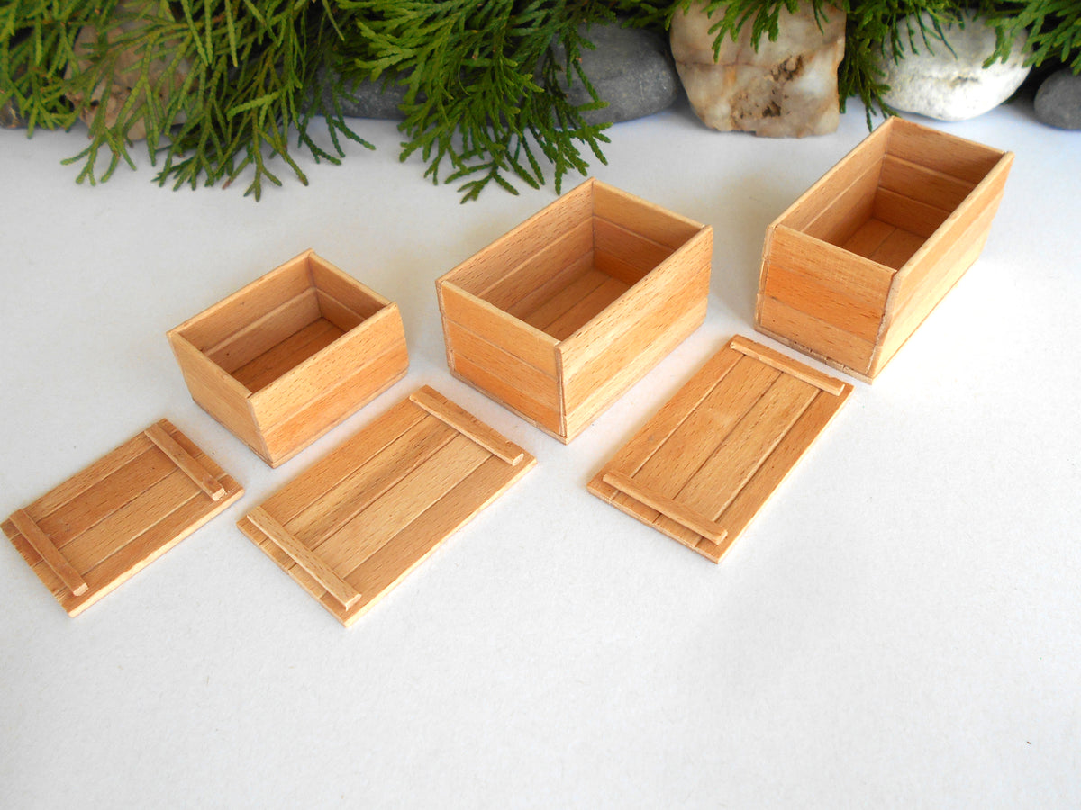 Six miniature light brown wooden boxes of varying sizes with matching lids, arranged on a white surface with green foliage and stones in the background.