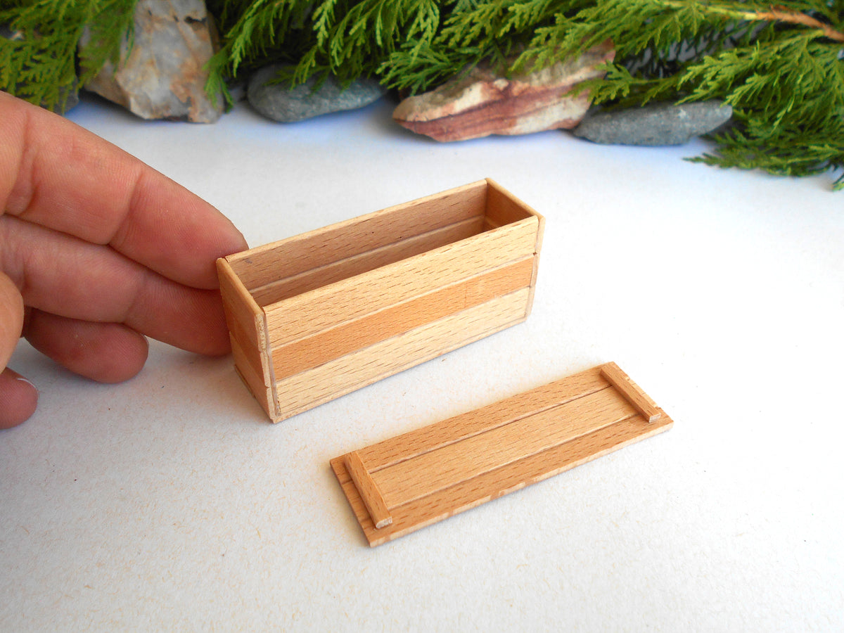 A miniature rectangular wooden box with a matching lid, held by a hand to show scale on a white surface with green foliage in the background.