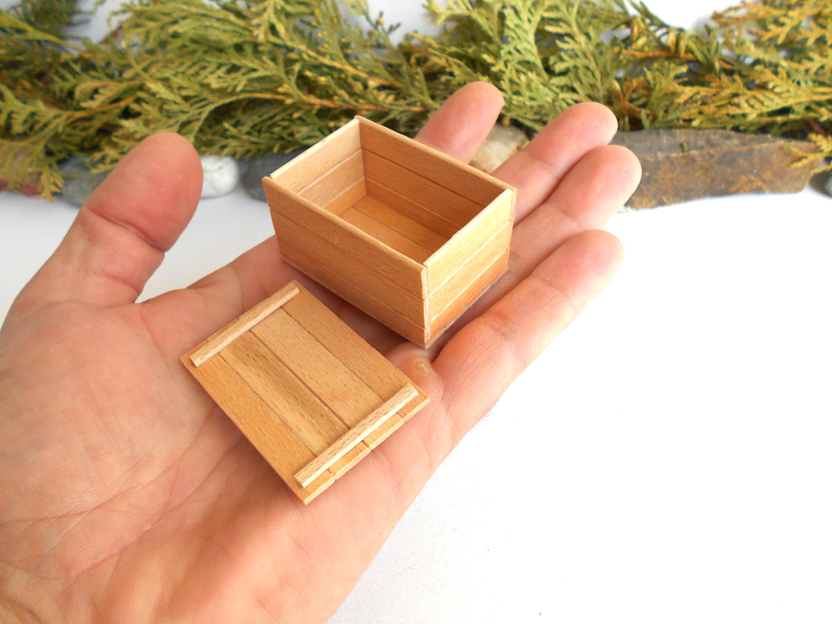 A miniature light brown wooden box with its lid placed beside it, held in a person's hand against a white background with dried green foliage in the upper area.