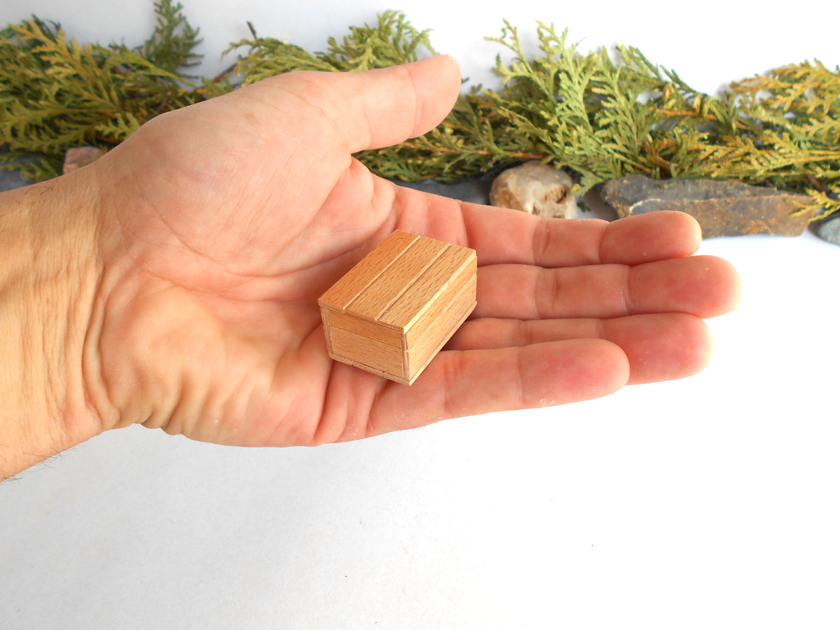 A small rectangular wooden box with a lid, held in the palm of a hand to show its size. The box has a light natural wood grain finish.