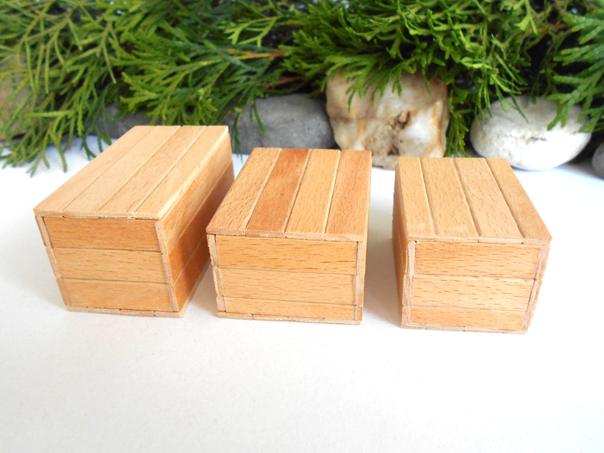 Three miniature wooden boxes with a slatted plank design, arranged side-by-side on a white surface with green foliage in the background.