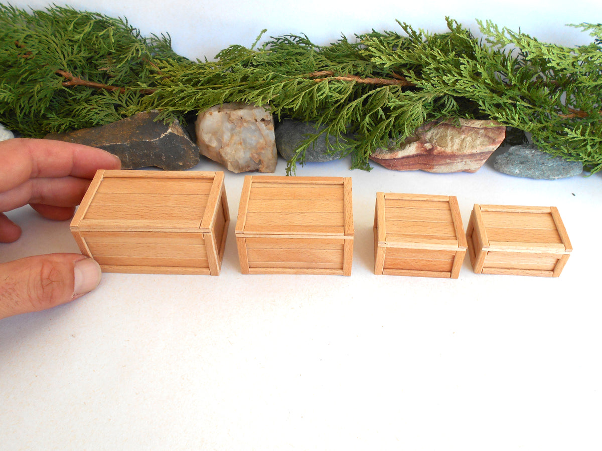 Four miniature light wood boxes of varying sizes arranged in a row on a white surface, with a hand holding the leftmost box for scale and green foliage and stones in the background.