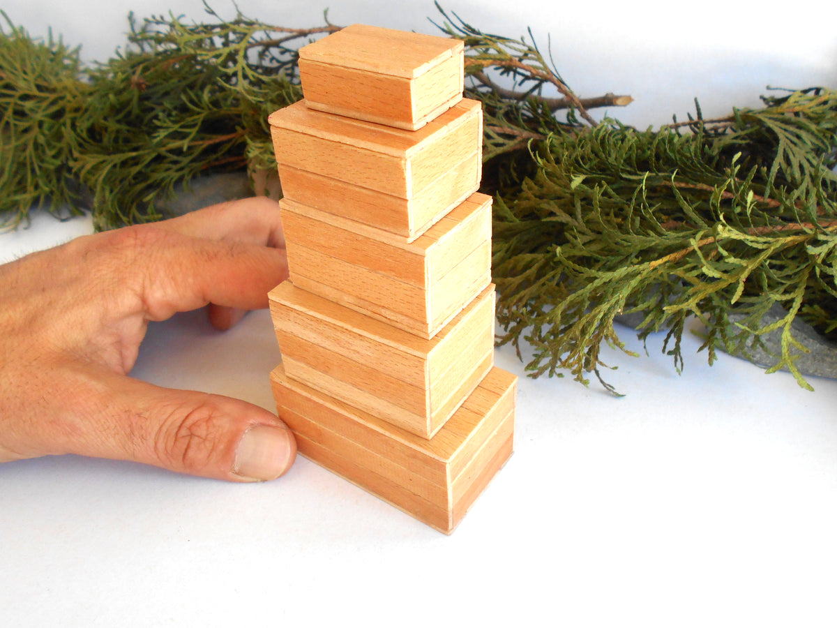 A hand is holding a stack of five nested, square-shaped wooden miniature boxes with a natural light wood finish, set against a white background with green pine branches in the background.