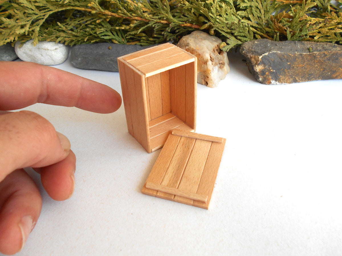 A miniature light wood box with its lid off, shown on a white surface with a hand pointing at it for scale, with small rocks and greenery in the background.