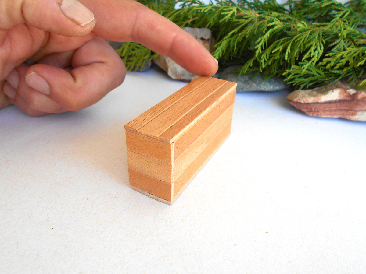 A hand points toward a small rectangular wooden block with visible wood grain, placed on a white surface with greenery in the background.