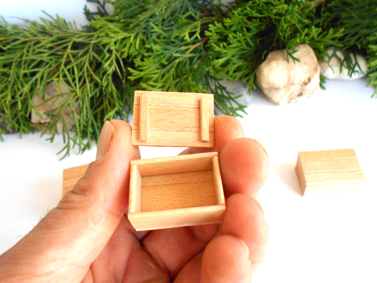 A hand holding a miniature light wood box with its lid open, with other small wooden boxes and green foliage in the background.