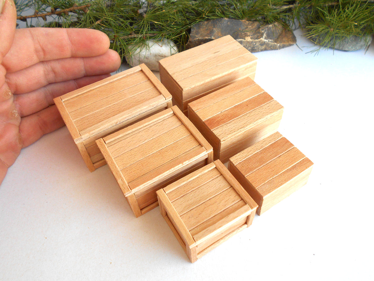 Six miniature wooden crates or boxes made of light natural wood, arranged on a white surface with a hand visible on the left for scale, and pine branches in the background.