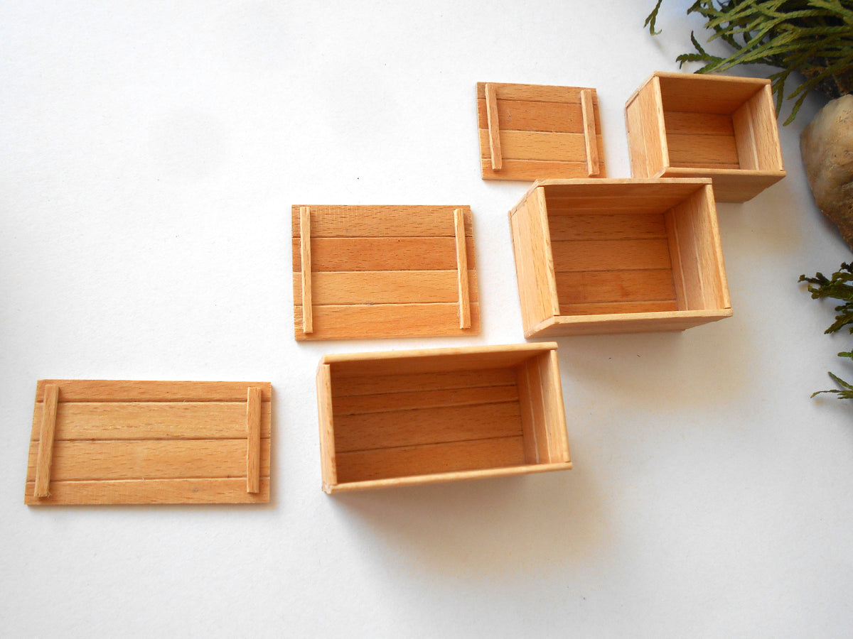 Six small light wood boxes and trays arranged on a white surface, with a few green leaves and a stone prop visible at the edges.