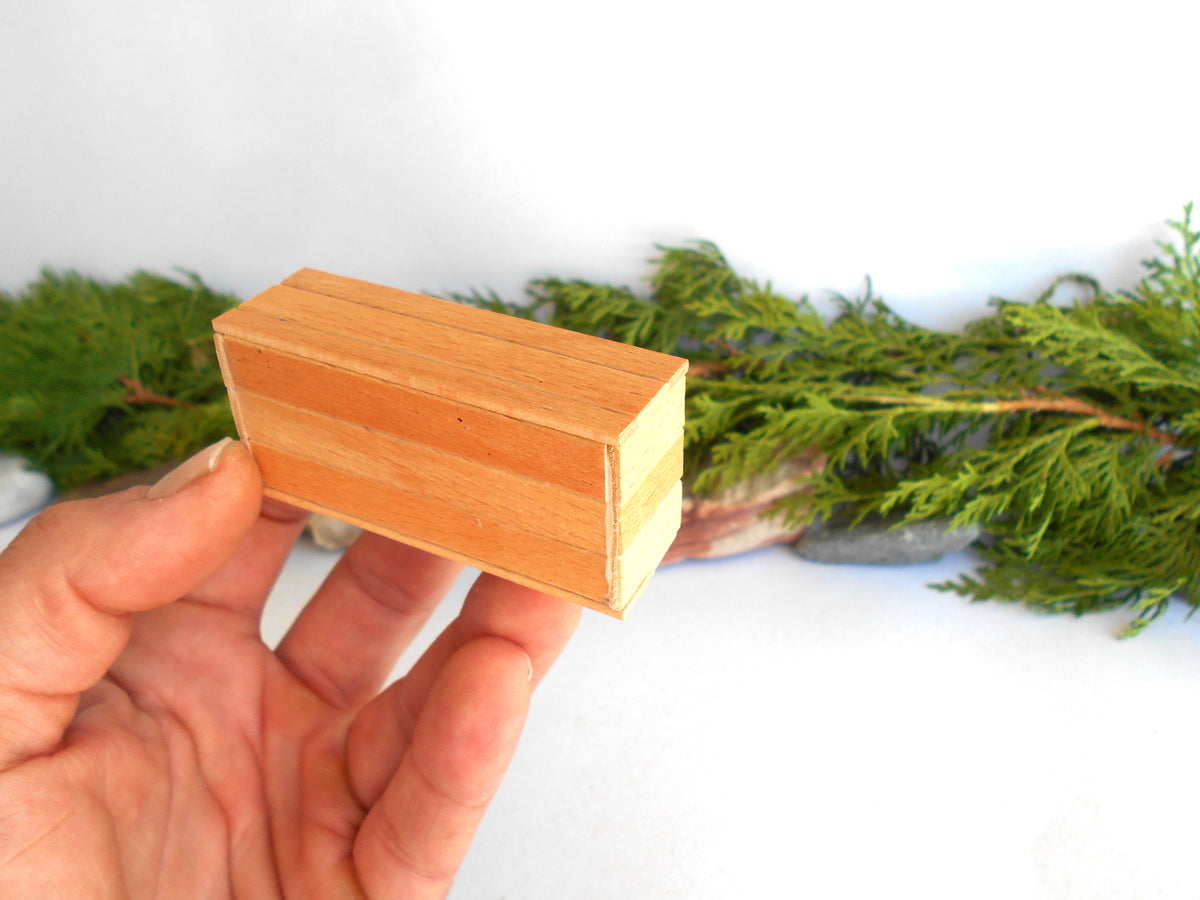 A hand holding a small rectangular wooden box with a light natural wood grain finish, set against a white background with green foliage.