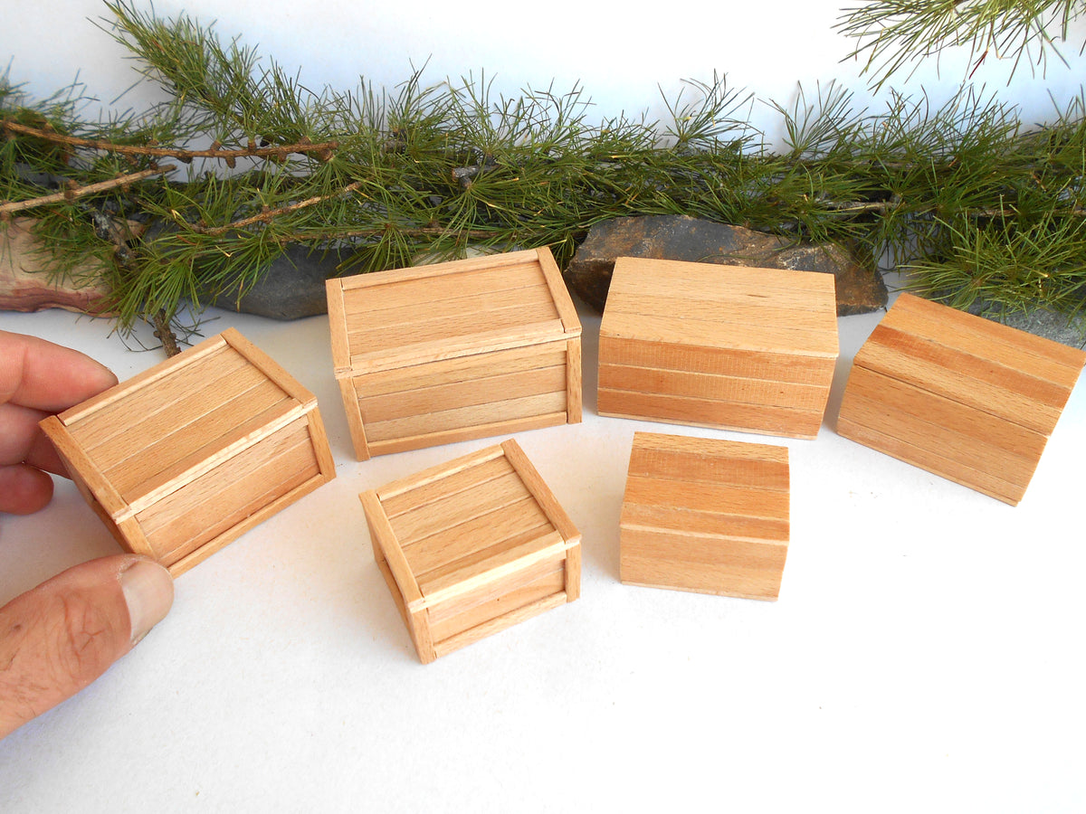 Six miniature light wood boxes of different sizes arranged on a white surface with pine branches in the background. A human hand is visible holding one of the boxes on the left.