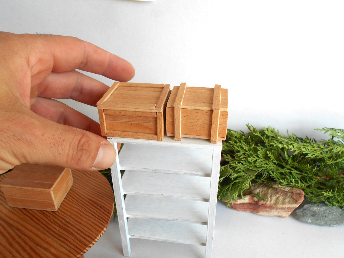 A hand holding two small light wood boxes on top of a miniature white shelf, with a matching wood block on a round wooden table and green foliage in the background.