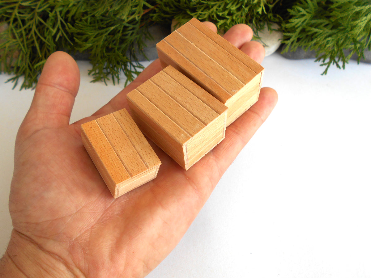 Three small rectangular wooden boxes with a wood grain texture, held in a person's hand against a white background with green foliage at the top.
