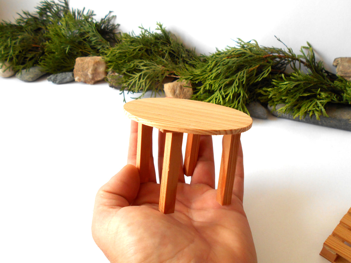 Handmade rustic round pine miniature table, 3.5" diameter, 1/12 scale. Ideal for dollhouses & fairy gardens. Eco-friendly, made in Bulgaria by ExiArts.
