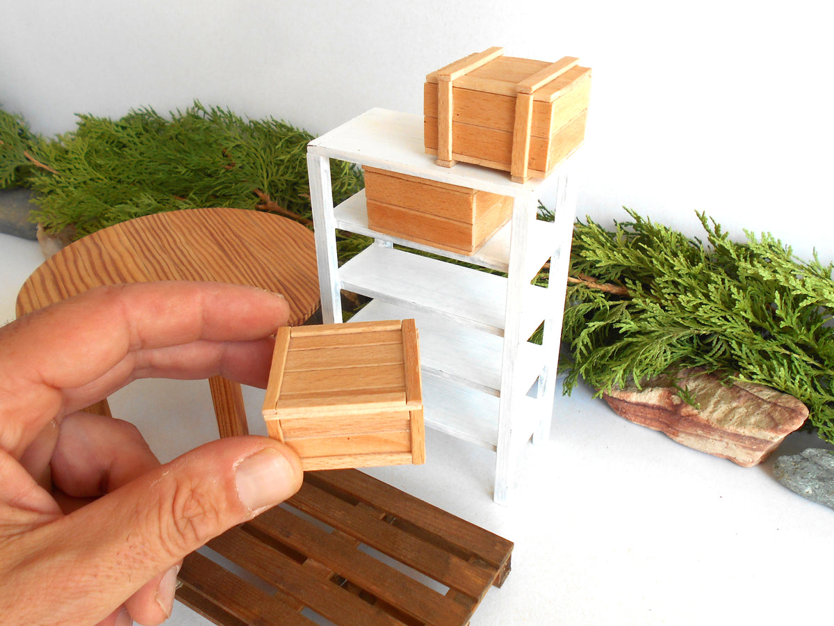 A hand holds a miniature light wood crate model in front of a white shelving unit with more matching wooden crates, set against a white background with green foliage props.